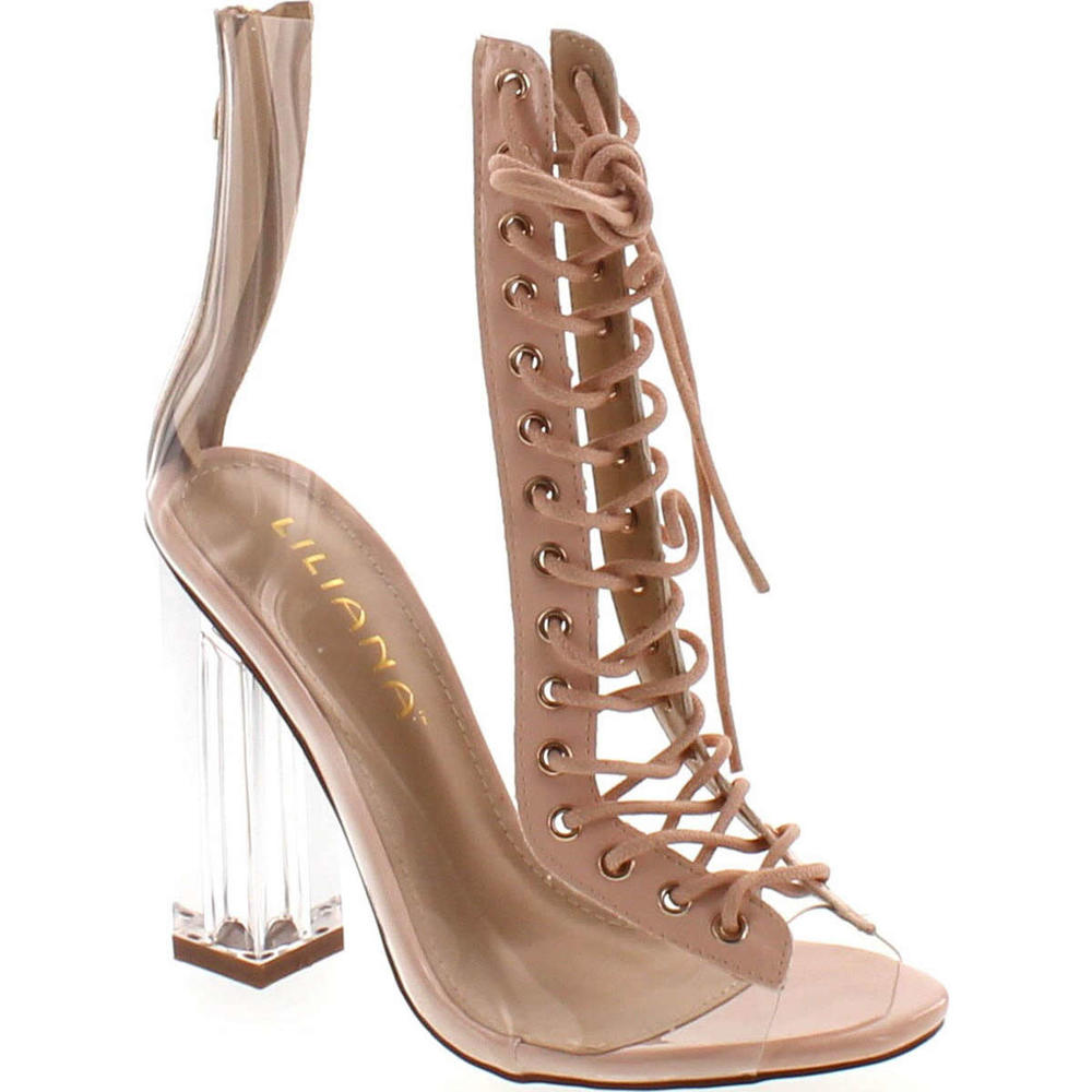 LILIANA Clear Translucent Transparent Lace Up Peep Toe Ankle Bootie W Perspex Block Heel