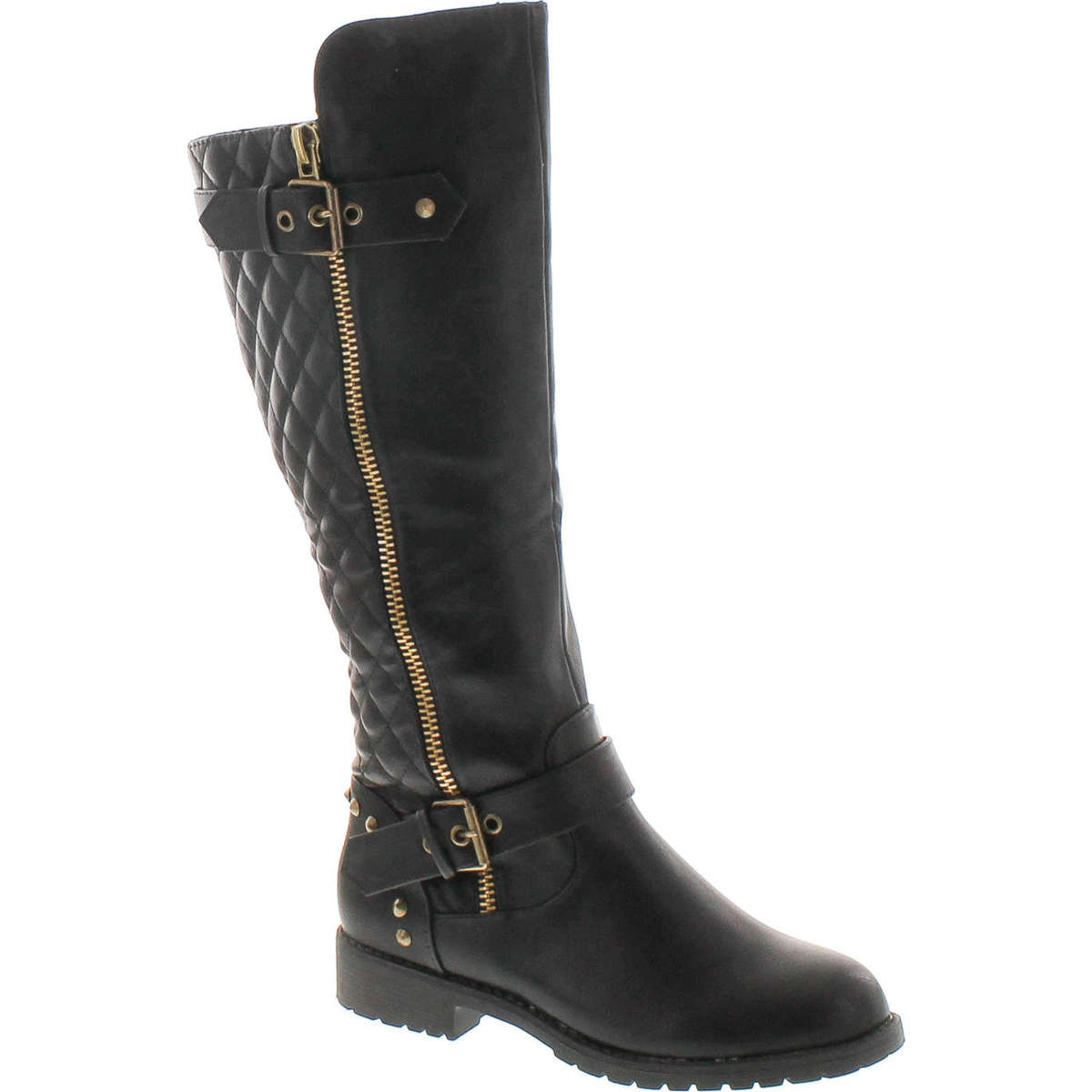 Nature Breeze Vivienne-01 Studded Quilted Leatherette Buckle Round Toe Motorcycle Boots