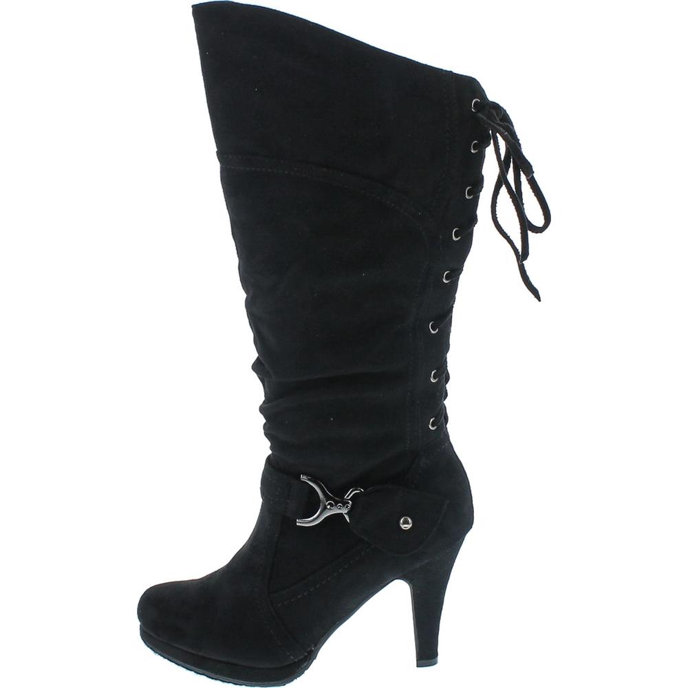 Top Moda Womens Page-65 Knee High Round Toe Lace-Up Slouched High Heel Boots