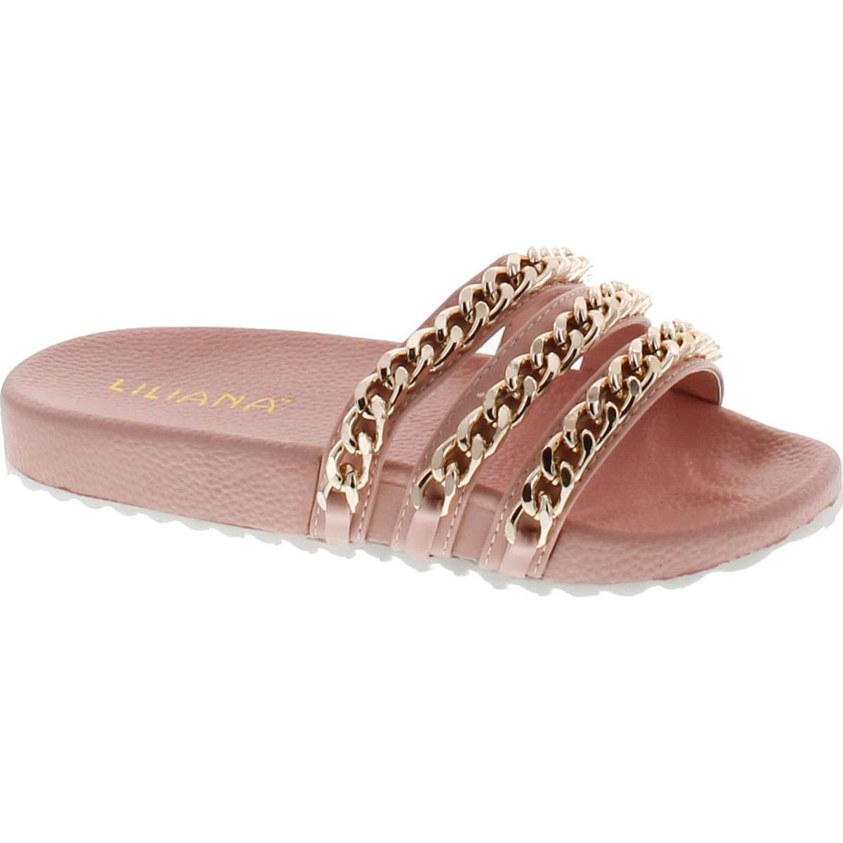 Liliana Nomi-2 Women Flip Flop Gold Chain Link Slide Slip On Flat Sandal Shoe Slipper Pink