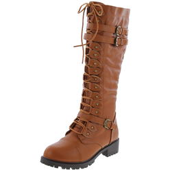Premier Standard - Women's Lace-Up Strappy Knee High Combat Stacked Heel Boot