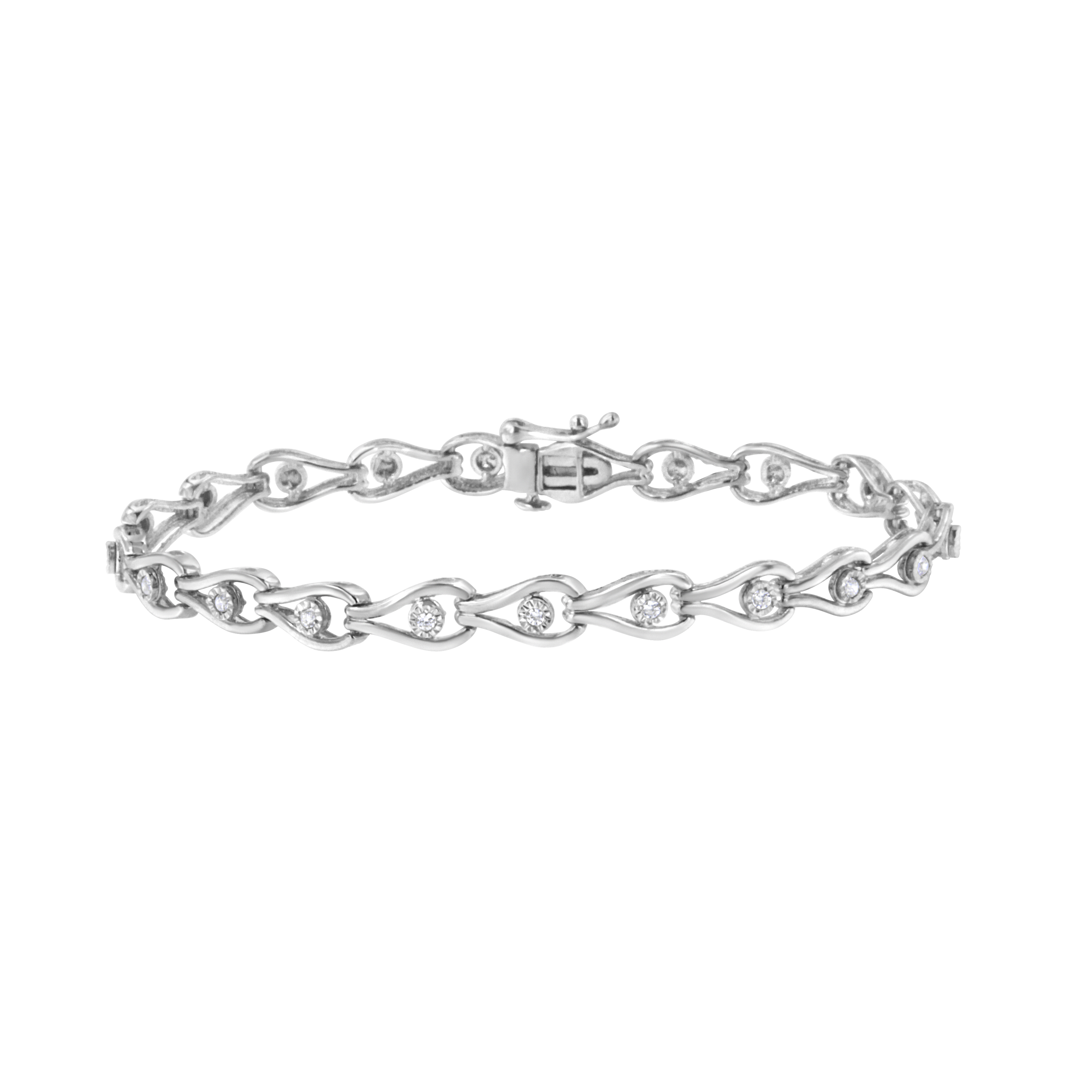 Haus of Brilliance .925 Sterling Silver 1/10 Cttw Miracle-Set Diamond Pear Shape and Bezel Link Bracelet (I-J Color, I3 Clarity) - 7.25"