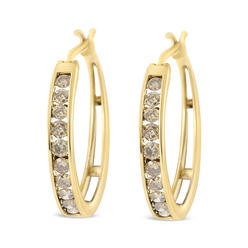 Haus of Brilliance 14K Yellow Gold Plated .925 Sterling Silver 1.0 Cttw Channel Set Champagne Diamond Hoop Earrings with Snap Post (K-L, I1-I2)