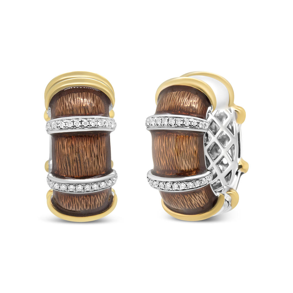 Haus of Brilliance 18K Yellow and White Gold Flash Plated .925 Sterling Silver Clear Brown Enamel 9/10 Cttw Diamonds Huggie Hoop Earrings