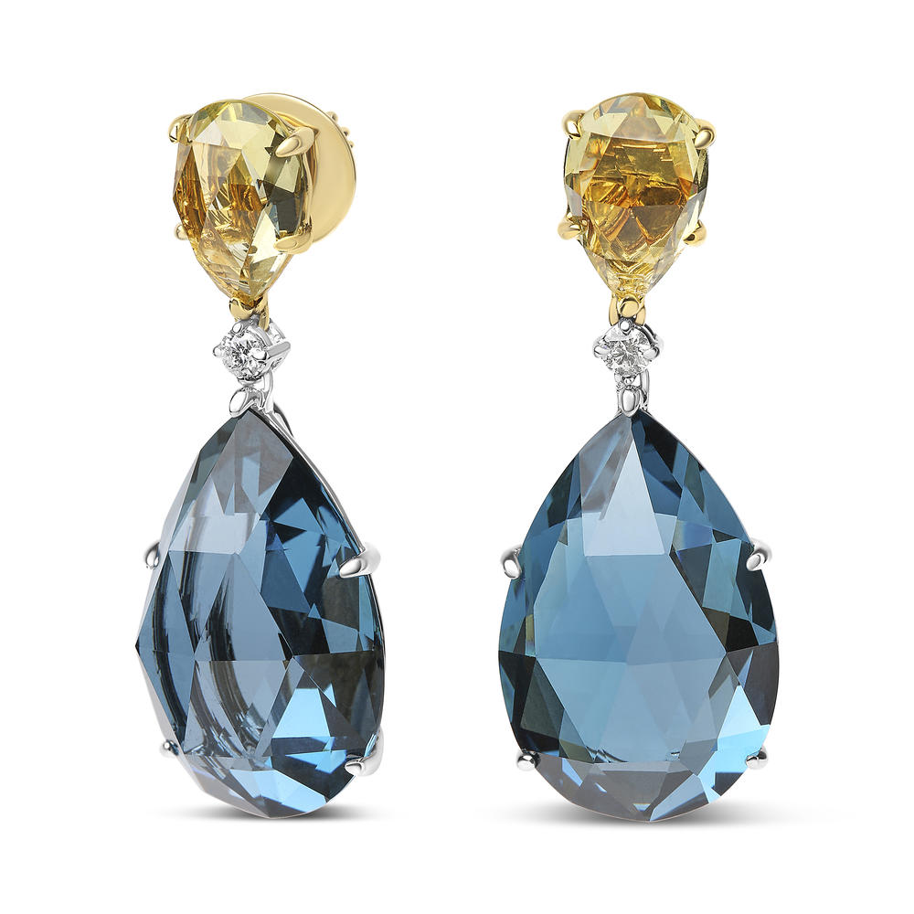Haus of Brilliance 18K White and Yellow Gold 1/5 Cttw Diamond with Pear Cut Lemon Quartz and Pear Cut London Blue Topaz Gemstone Dangle Earring