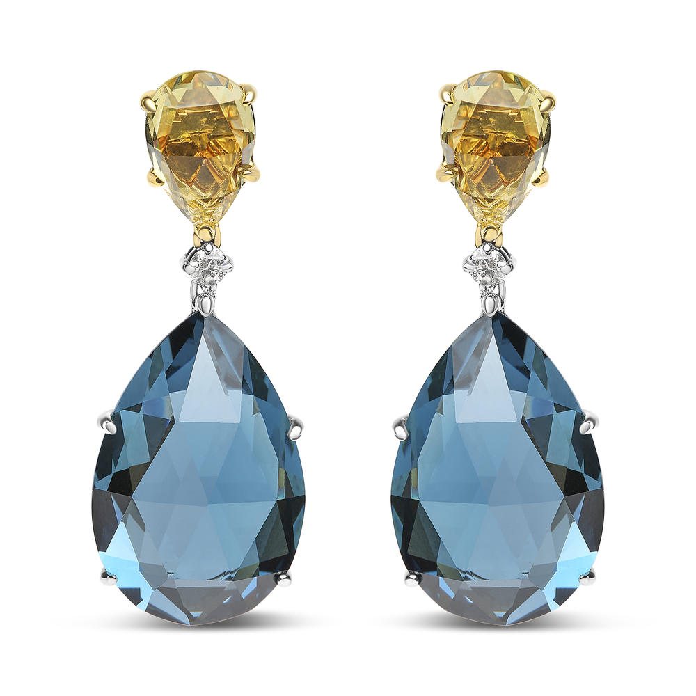 Haus of Brilliance 18K White and Yellow Gold 1/5 Cttw Diamond with Pear Cut Lemon Quartz and Pear Cut London Blue Topaz Gemstone Dangle Earring