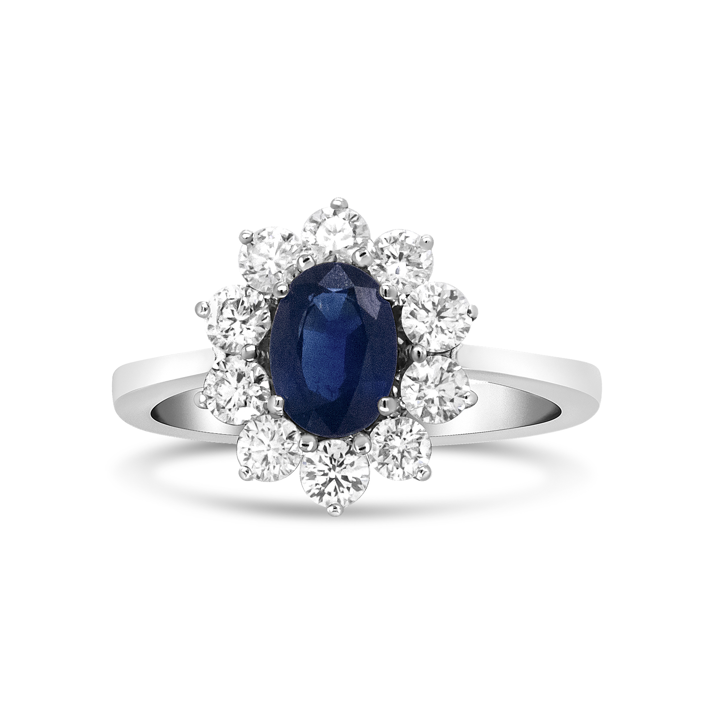 Haus of Brilliance 18K White Gold 7x5 mm Oval Cut Blue Sapphire and Round Diamond 3/4 Cttw Sunburst Halo Ring (F-G Color, VS1-VS2 Clarity)