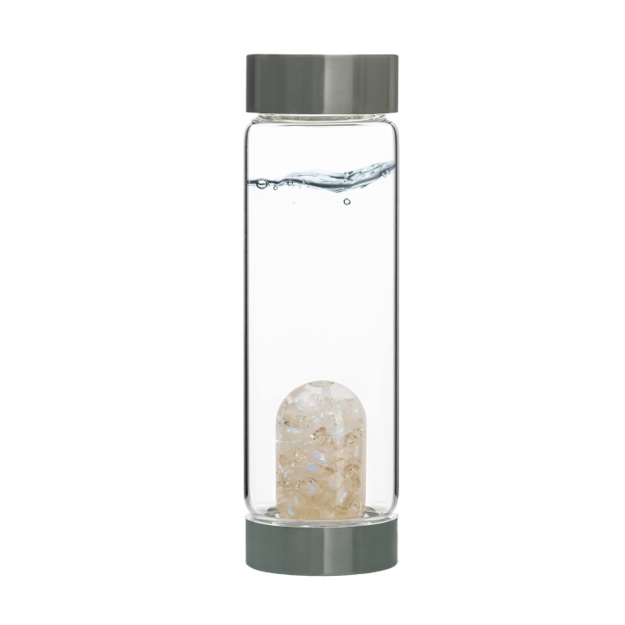 VitaJuwel Water Bottles With GemPod Crystals, Luna (rainbow moonstone / labradorite - clear quartz), for Sports, Gym, Yoga, Wellness
