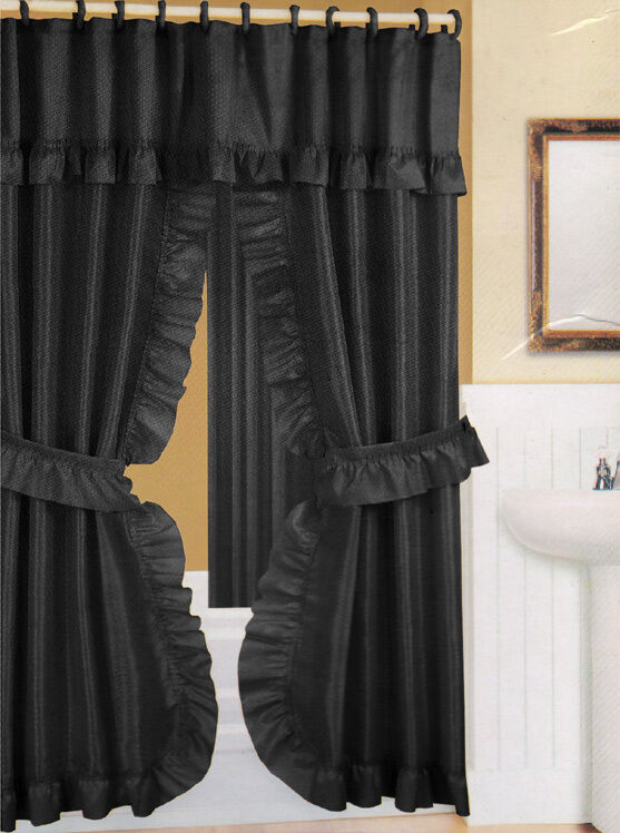 Better Home Black Ruffled Double Swag Shower Curtain Liner 70 X 72 W 12 Roller Rings Better Home Black Ruffled Double Swag, Shower Curtains At Sears