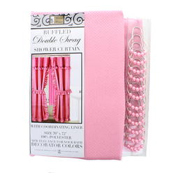 Better Home Pink Ruffled Double Swag Shower Curtain & Liner 70" x 72" w/12 Roller Rings
