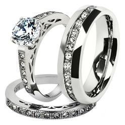 Marimor Jewelry His and Hers Stainless Steel 1.39 Ct Cz Bridal Set and Mens Eternity Wedding Band