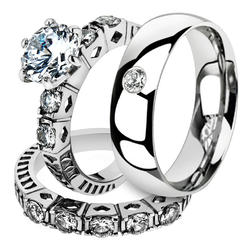 Marimor Jewelry His and Her 3 Pc Stainless Steel 3.10 Ct Cz Bridal Set and Men Zirconia Wedding Band