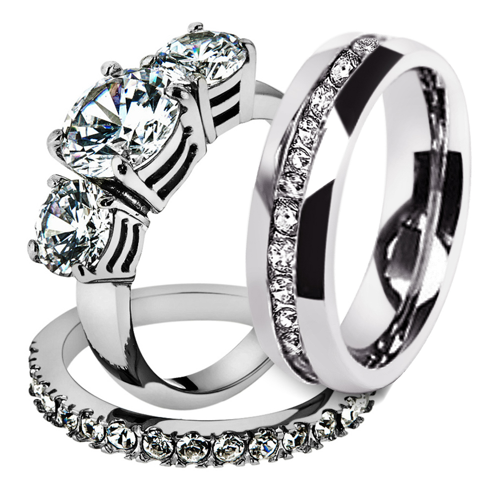 Marimor Jewelry His and Hers Stainless Steel 4.17 Ct Cz Bridal Set and Mens Eternity Wedding Band