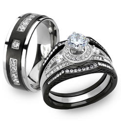 Marimor Jewelry Black and Silver Stainless Steel and Titanium His and Her 4pc Wedding Ring Set