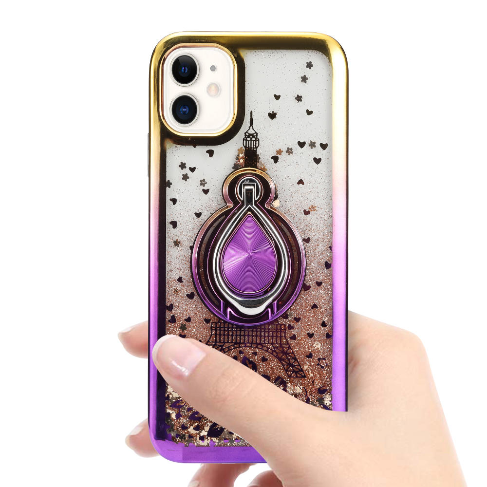Modes Wireless For Apple iPhone 12 Pro Max 6.7 inch Sparkling Glitter Liquid Floating Hearts Stars Magnetic Ring Stand Case Cover