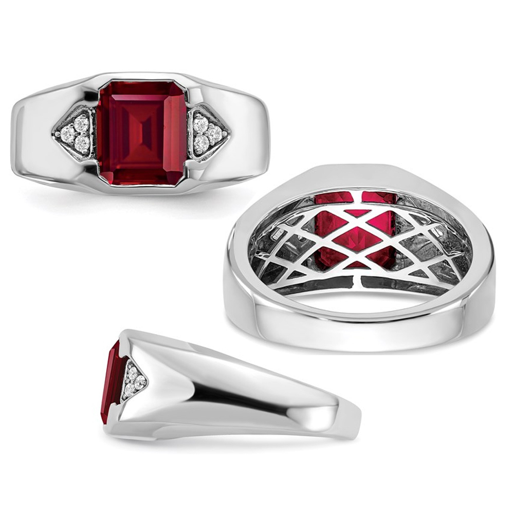 Gem And Harmony Mens 3.75 Carat (ctw) Lab Created Emerald-Cut Ruby Ring in 14K White Gold with Diamonds