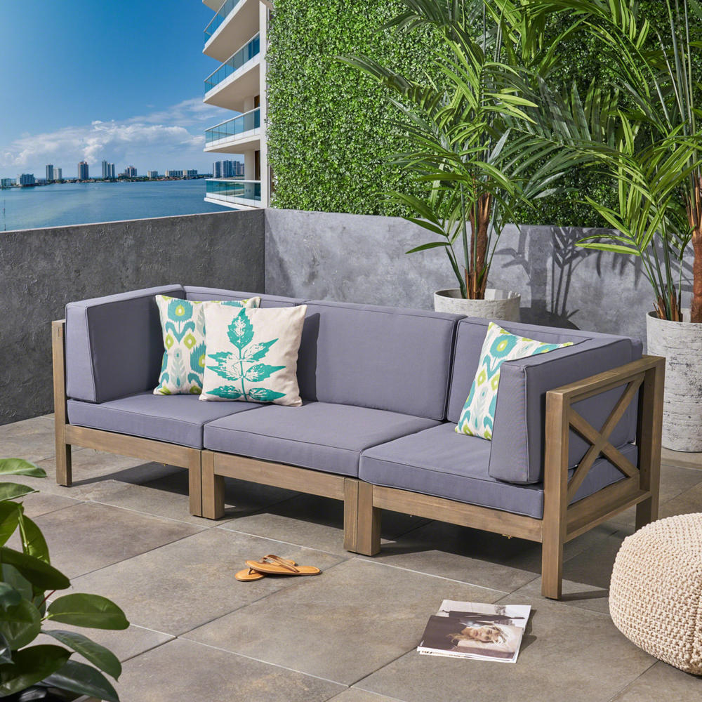 GDFStudio Great Deal Furniture Keith Outdoor Sectional Sofa Set  3-Seater  Acacia Wood  Water-Resistant Cushions
