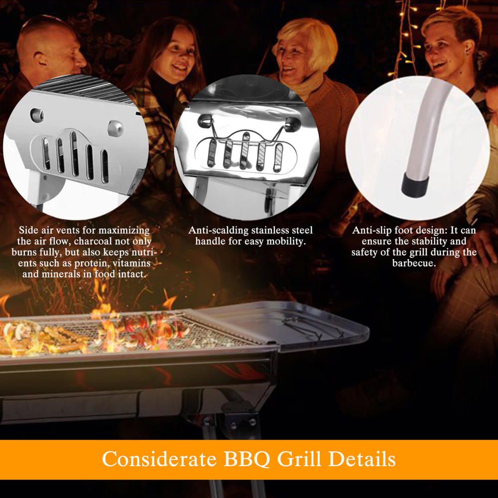 GLOBAL PHOENIX Foldable BBQ Grill Portable Charcoal Barbeque Grill Stainless Steel BBQ Grill For Picnic Camping Backyard Cooking