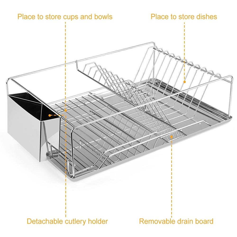 GLOBAL PHOENIX Dish Drying Rack Stainless Steel Dish Rack with Drainboard Cutlery Holder Kitchen Dish Organizer