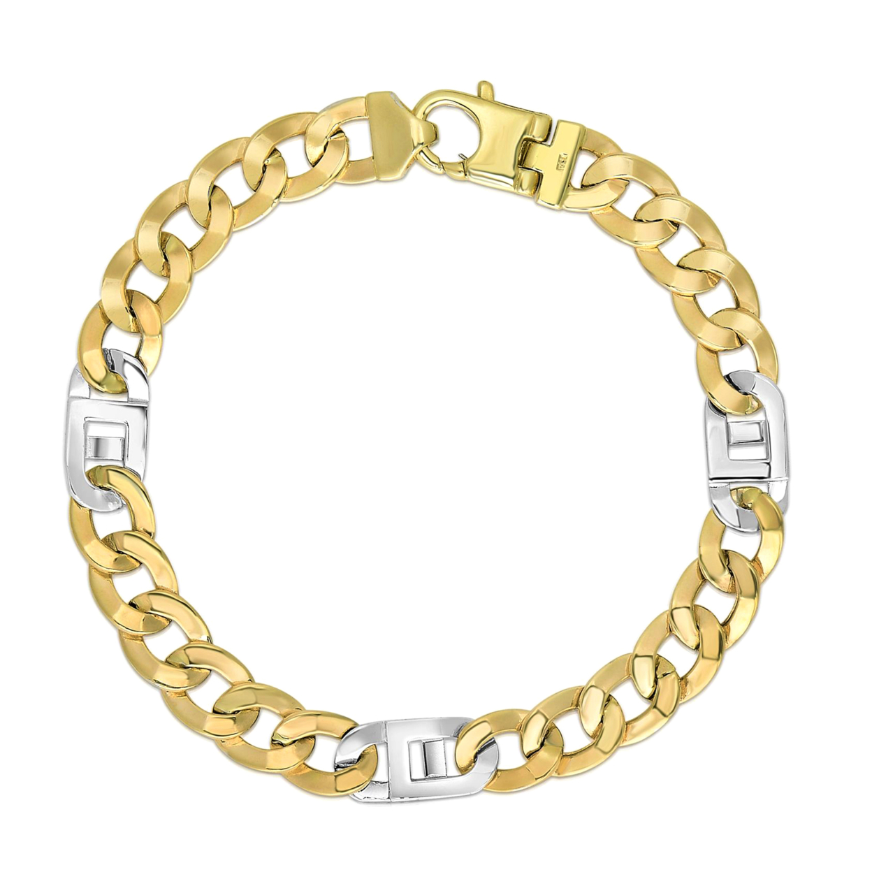 JewelryAffairs 14k Yellow And White Gold Diamond Cut Curb Mariner Link Mens Bracelet, 8.5"