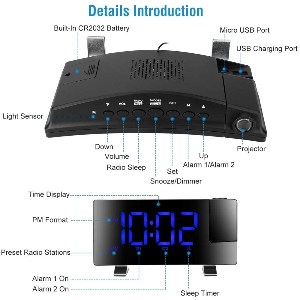 Generic Projection Alarm Clock with Radio Function 7.7In Curved-Screen LED Digital Alarm Clock Dual Alarms 4 Dimmer 12 24 Hour Blue