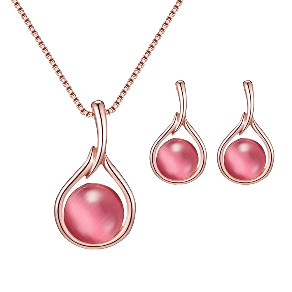 Generic Women Round Shape Faux Opal Pendant Necklace Ear Stud Earrings Jewelry Set Gift