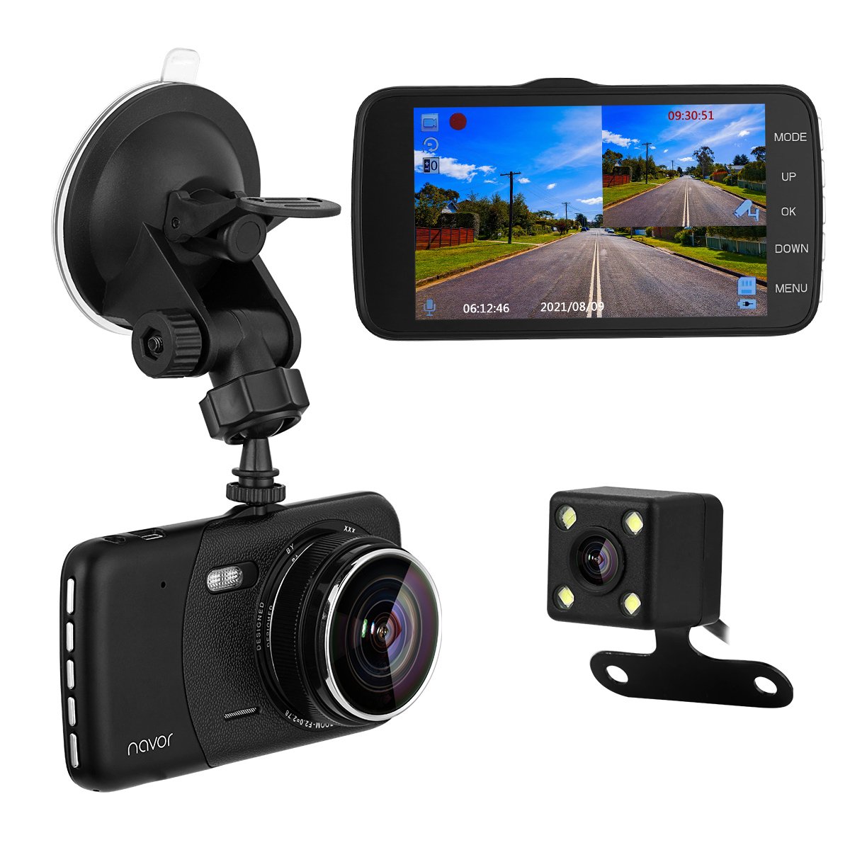 navor Upgraded Dual Lens Dash Cam Full HD 1080P 170° 4.0 Inch Screen Front Camera and Waterproof Rear Camera