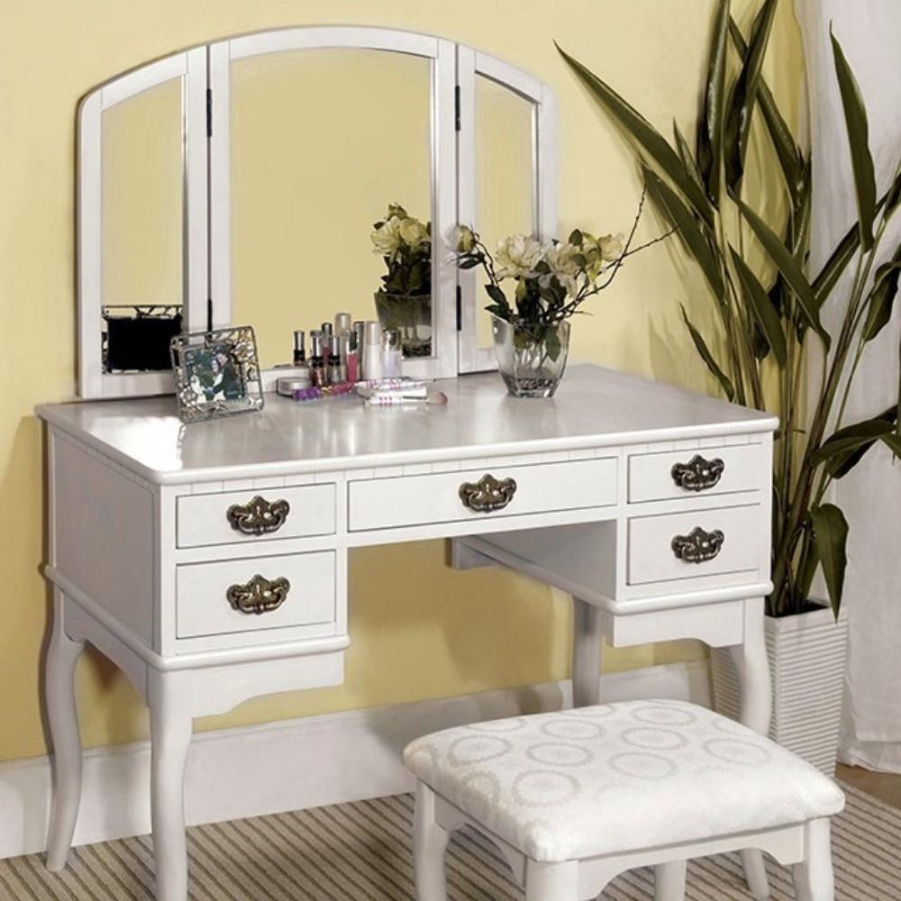 Saltoro Sherpi Elegant Traditional Vanity Table With Multiple Drawers And A Stool, White Finish - Saltoro Sherpi