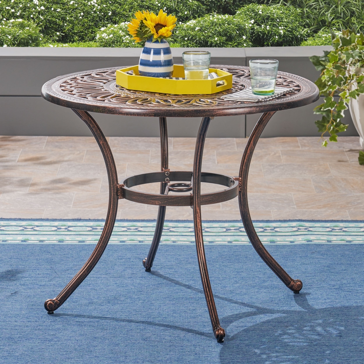 GDFStudio Jamie Outdoor Round Cast Aluminum Dining Table, Shiny Copper