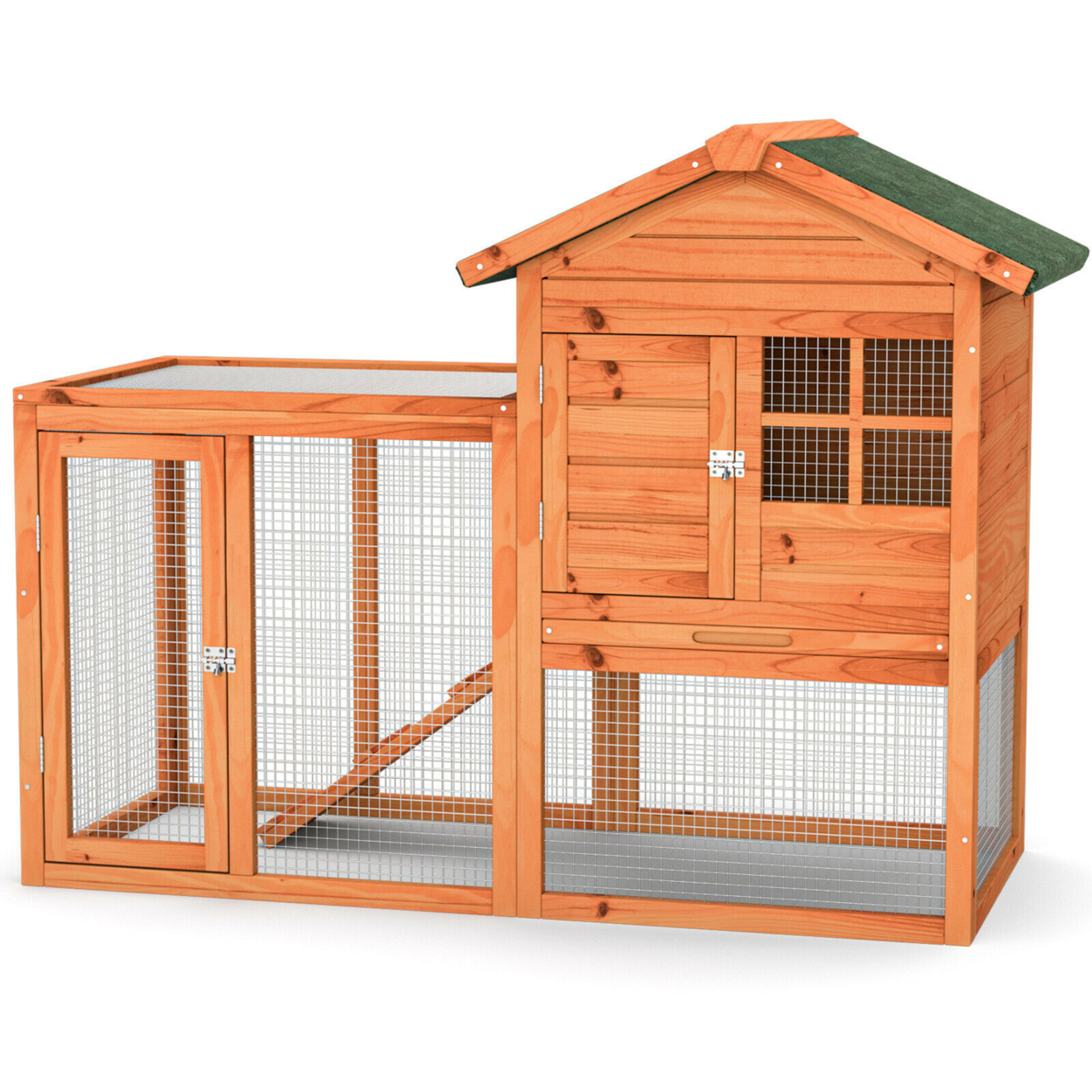 Gymax Wooden Chicken Coop Outdoor & Indoor Small Rabbit Hutch w/ Run Natural