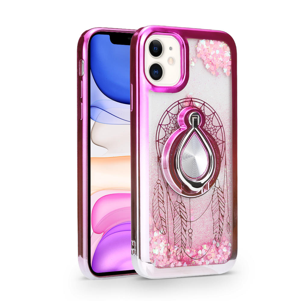 Modes Wireless For Apple iPhone 12 Mini 5.4 inch Sparkling Glitter Liquid Floating Hearts Stars Magnetic Ring Stand Case Cover