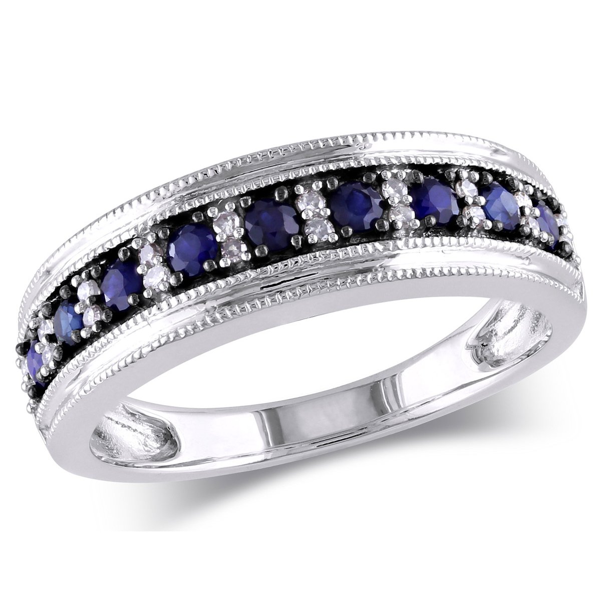 Gem And Harmony 3/5 Carat (ctw) Dark Blue Sapphire Ring with Diamonds in 10k White Gold
