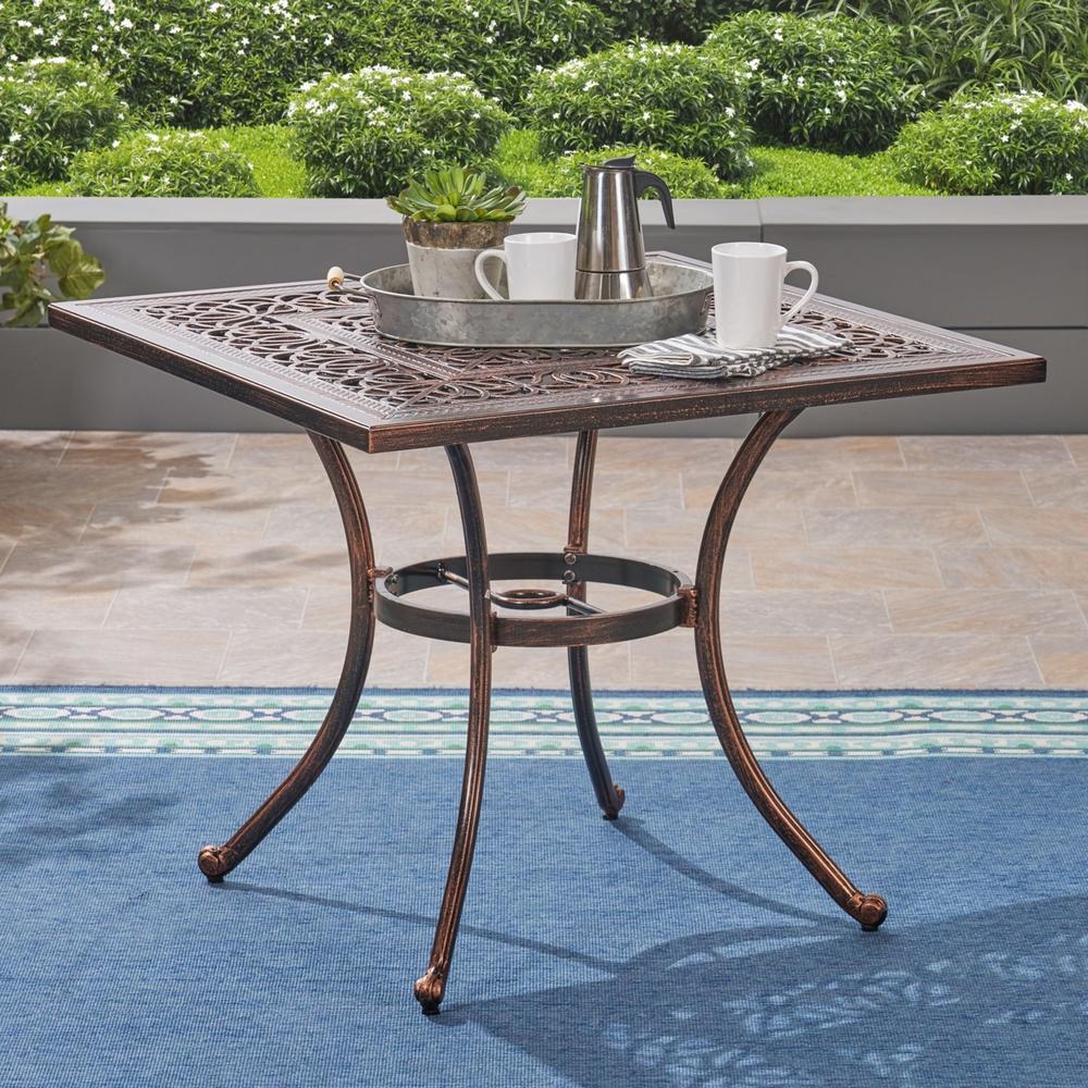 GDFStudio Jamie Outdoor Square Cast Aluminum Dining Table, Shiny Copper