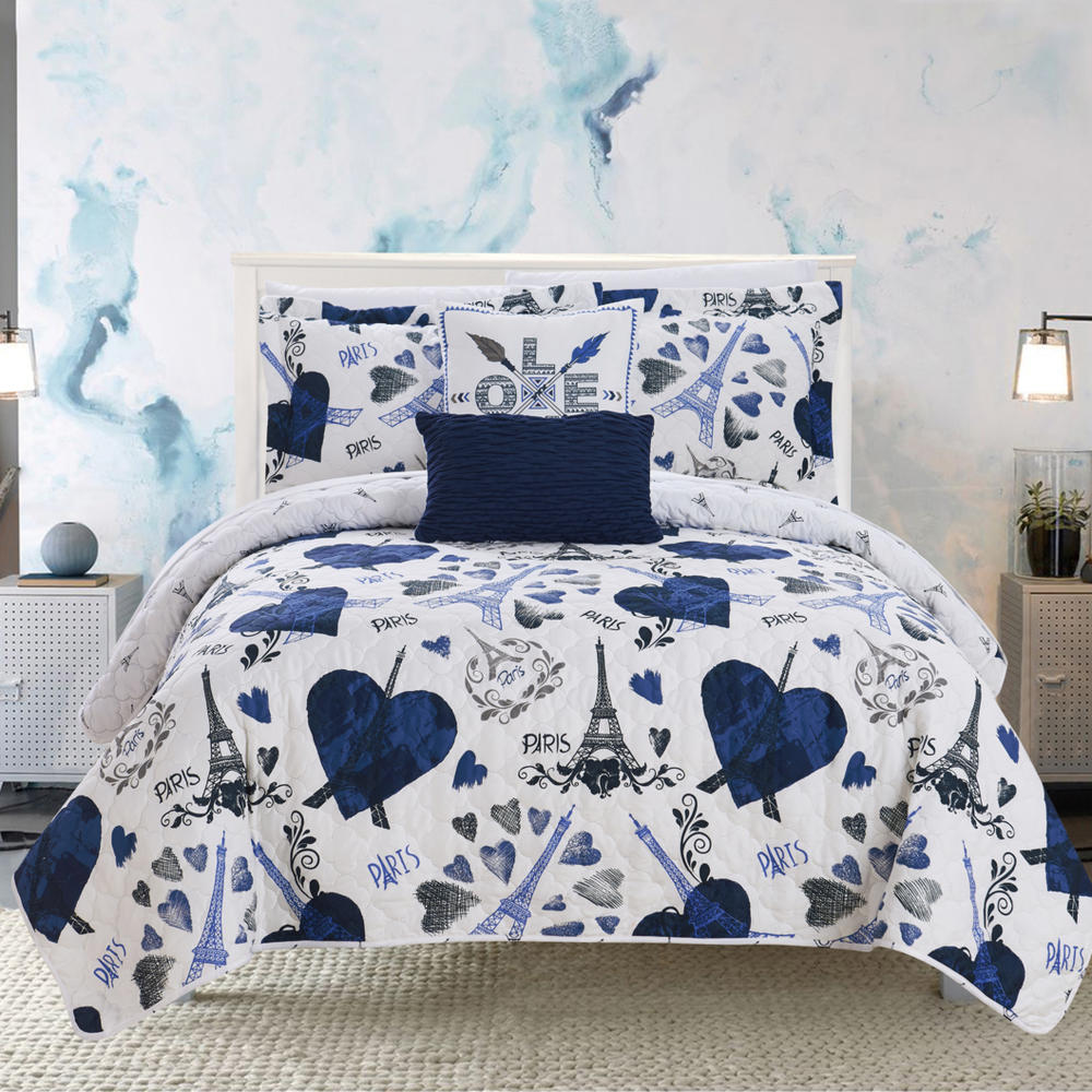 Chic Home Alphonse 5 or 4 Piece Reversible Quilt Set "Paris Is Love" Inspired Printed Design Coverlet Bedding