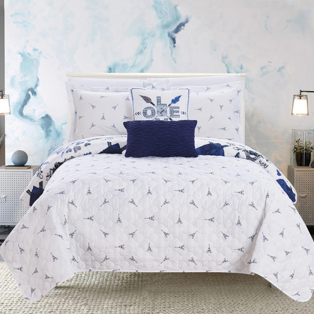 Chic Home Alphonse 5 or 4 Piece Reversible Quilt Set "Paris Is Love" Inspired Printed Design Coverlet Bedding