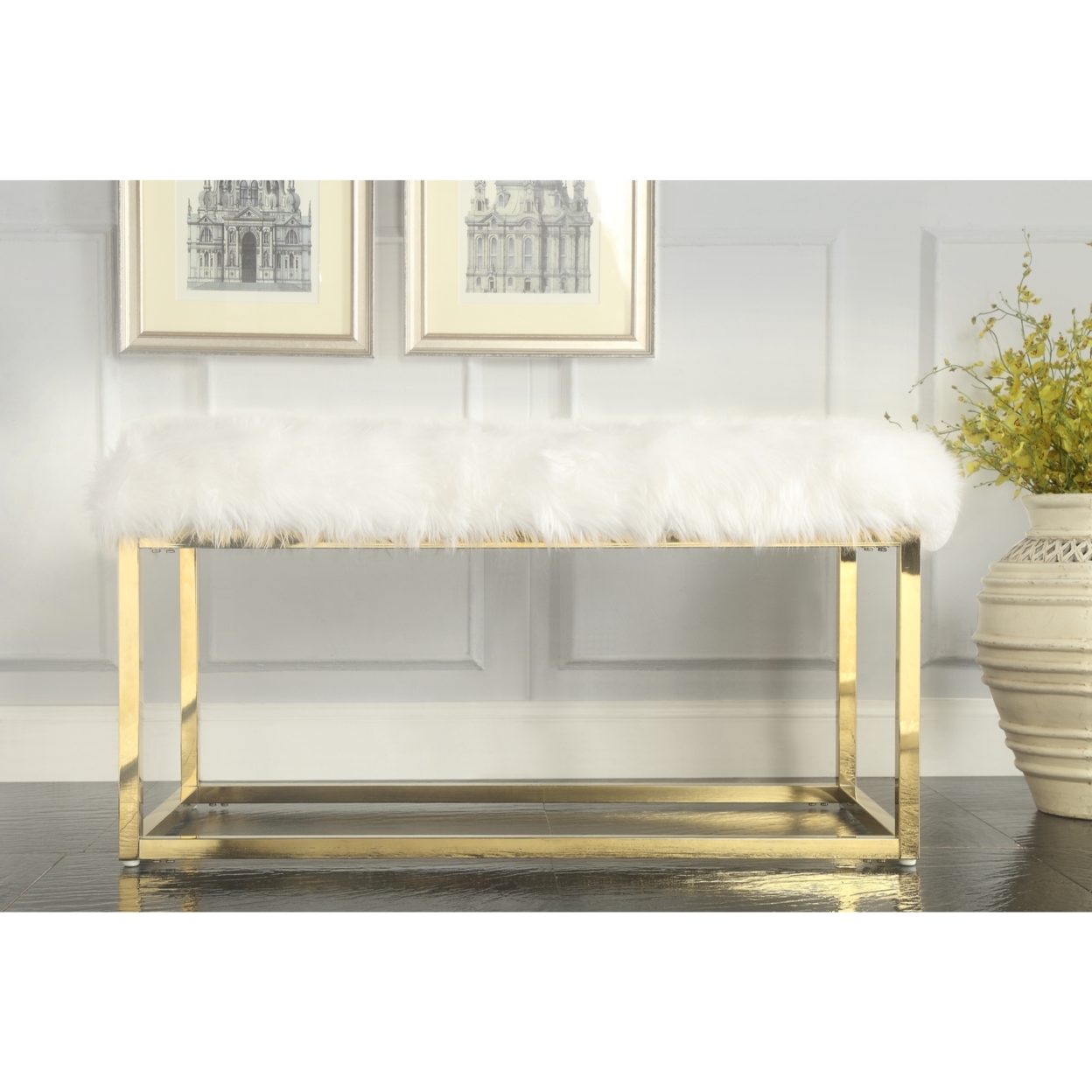 Inspired Home Camilla Faux faux Bench-Chrome Frame-Ottoman-Living Room, Entryway, Bedroom-Inspired Home