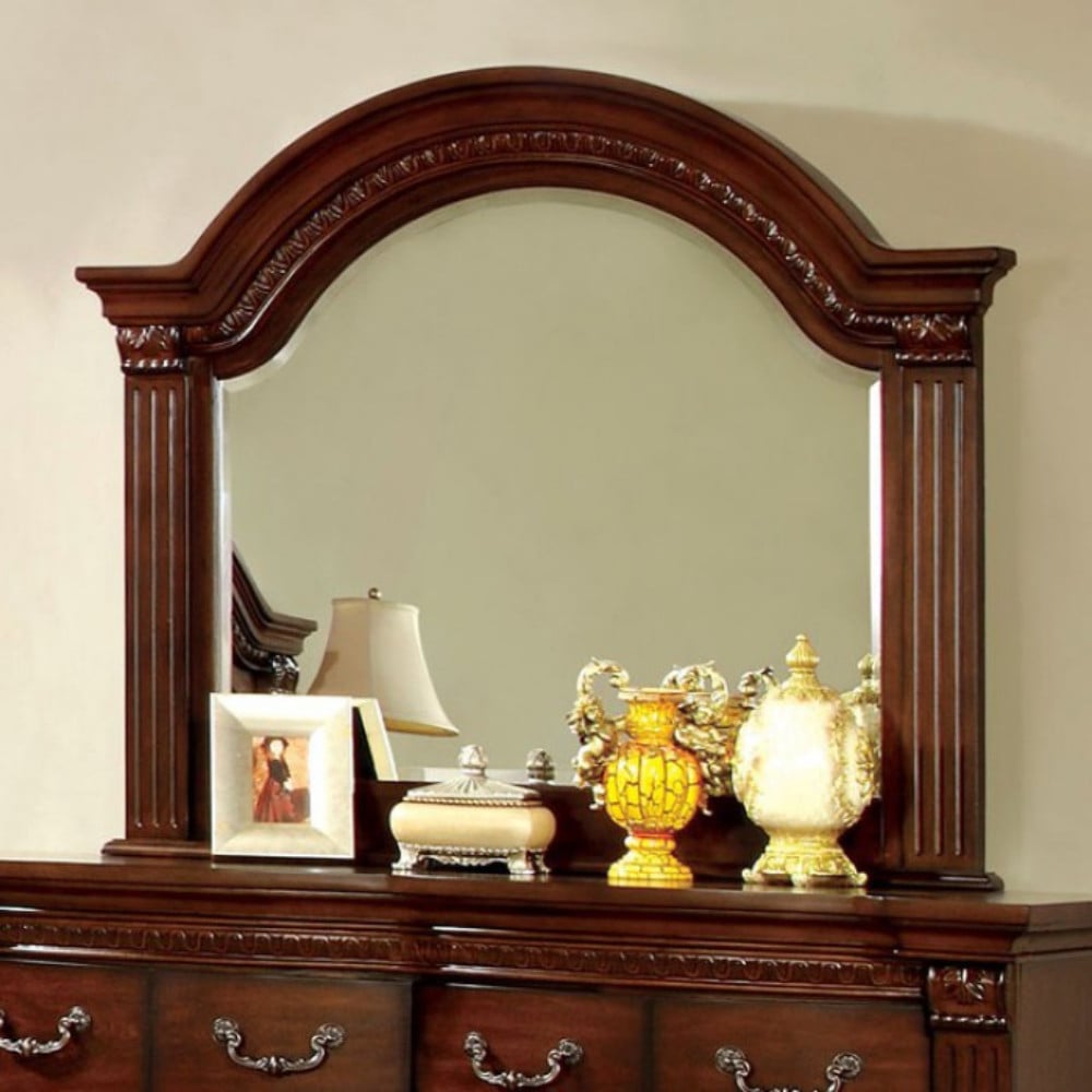 Furniture of America 45 x 53 Arched Top Dresser Mirror, Reeded Wood Frame, Cherry- Saltoro Sherpi