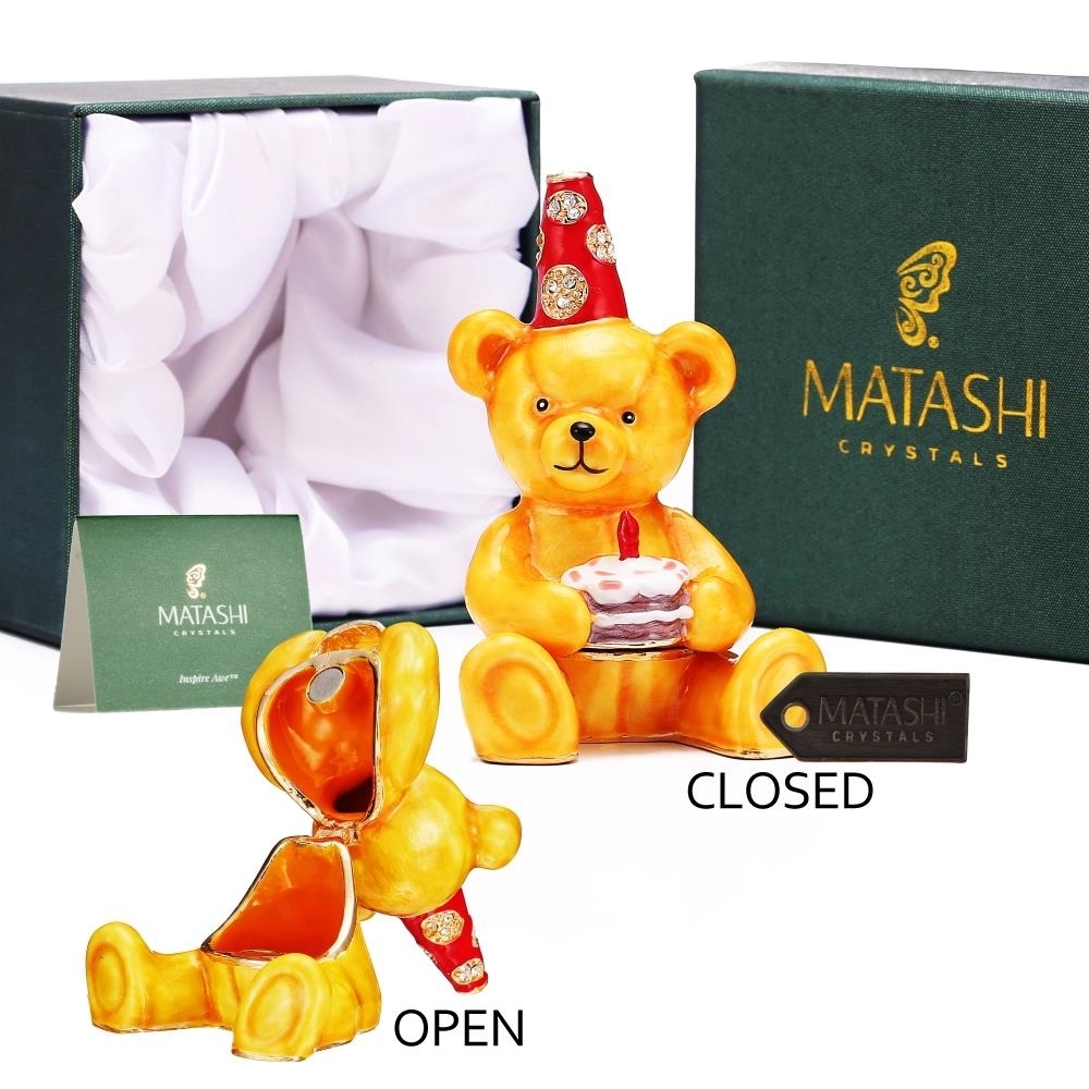 Matashi Hand-Painted  Birthday Bear Trinket Box w/ Crystals Home and Office Decor Collectible Figurine and Decorative