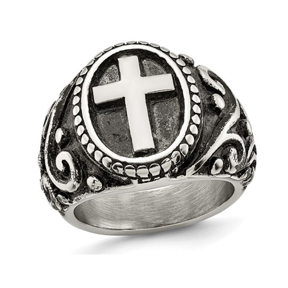 Gem And Harmony Mens Antiqued Stainless Steel Ring with Cross