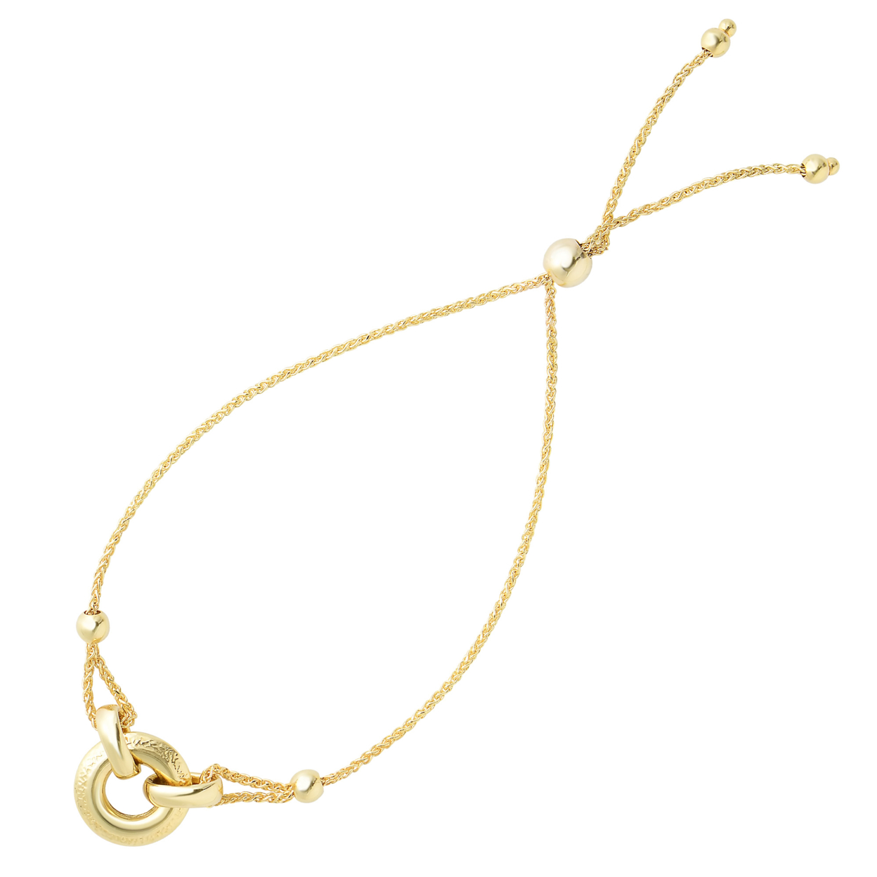 JewelryAffairs Ring Anchored To Loop Center Bolo Friendship Adjustable Bracelet In 14K Yellow Gold, 9.25"