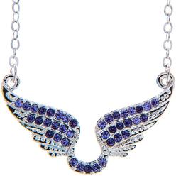 Matashi Rhodium Plated Necklace w Outspread Angel Wings Design & 16" Extendable Chain w Purple Crystals Women's Jewelry Gift for
