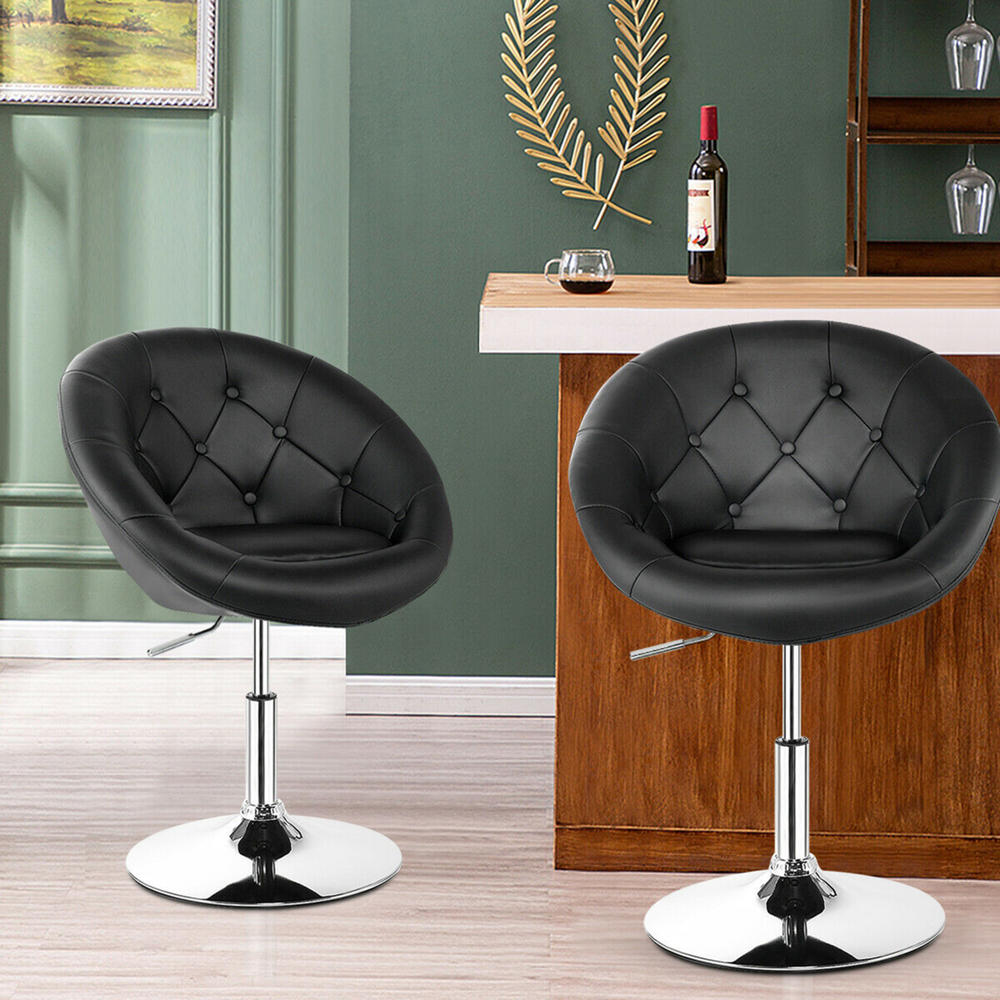 Gymax Set of 2 Swivel Bar Stools Height Adjustable Round Tufted Back Bar Chairs Black