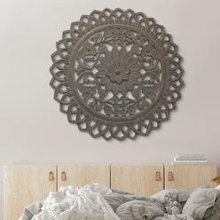 Saltoro Sherpi The Urban Port 36 Inch Handcarved Wooden Round Wall Art with Floral Carving, Distressed Brown