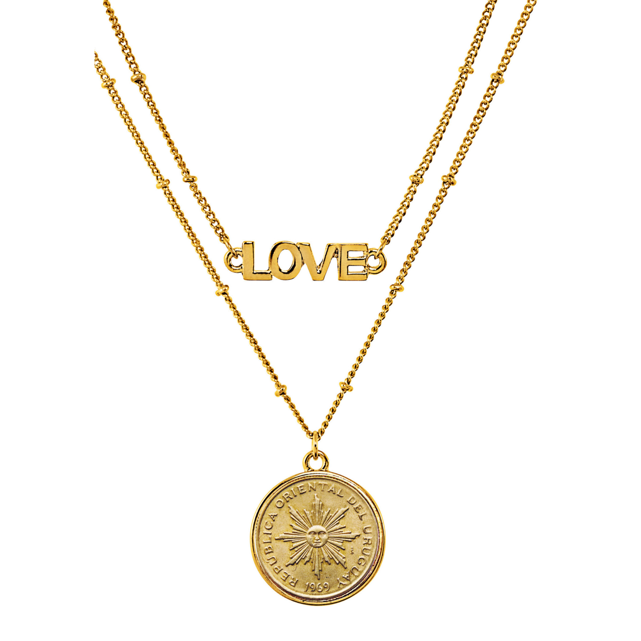 American Uruguay 1 Peso Sun Coin Goldtone Double Strand Love Necklace