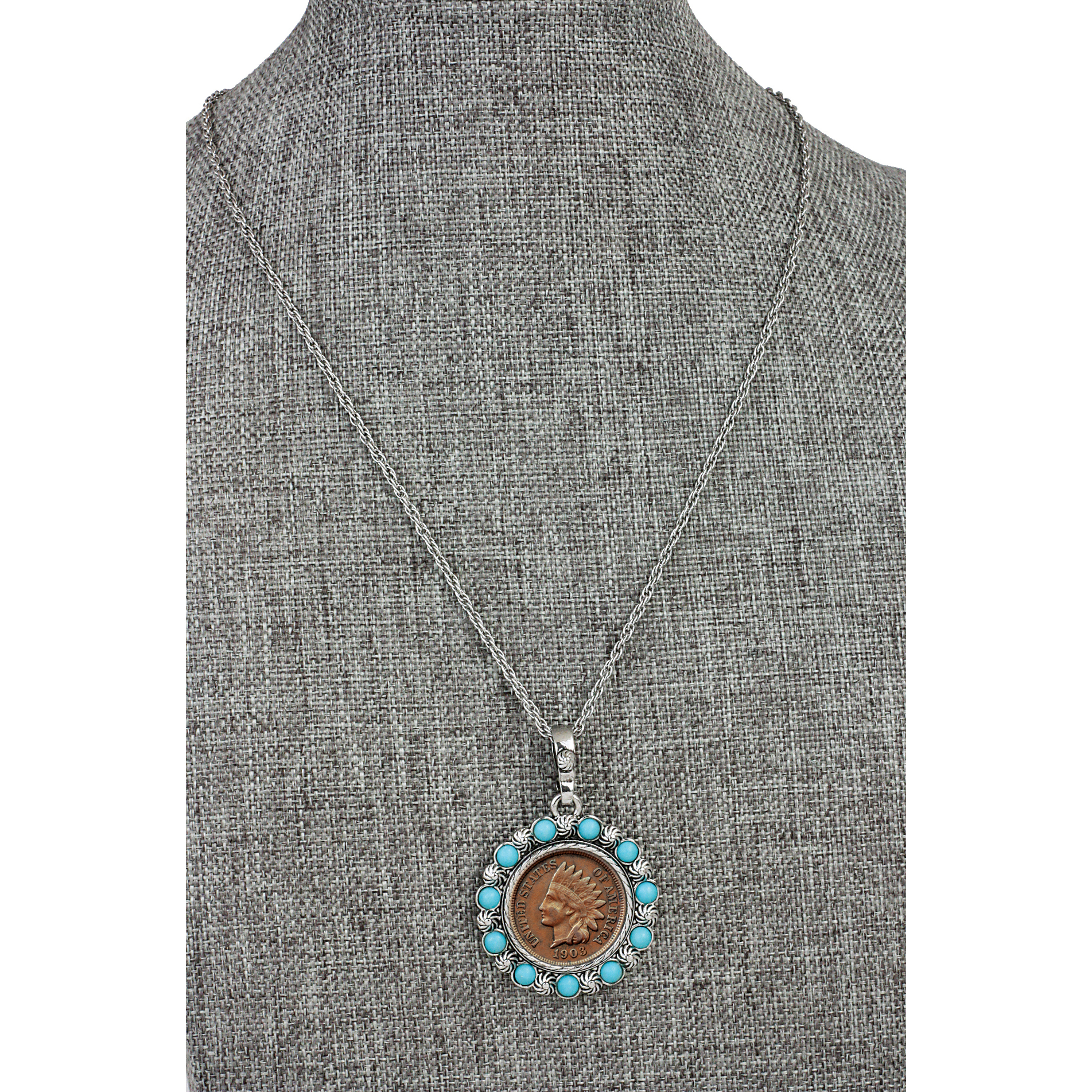 American Indian Head Penny Coin Pendant with Real Turquoise Beads