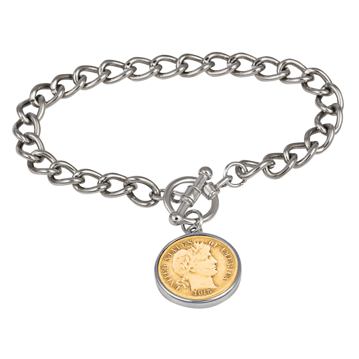 American 24KT Gold Plated Silver Barber Dime Silvertone Coin Toggle Bracelet