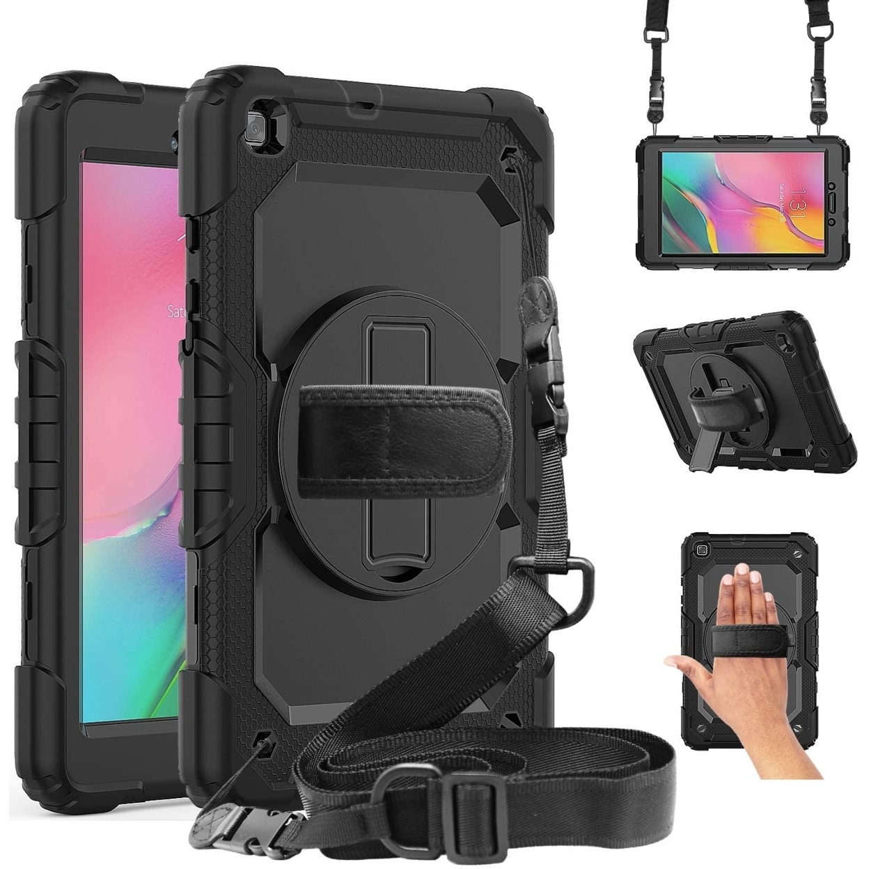 Modes Wireless For Samsung Galaxy Tab A 8.0 2019 / T290 / T295 Shockproof Protective 360 Rotating Stand W. Strap Tablet Case Cover Black/Black