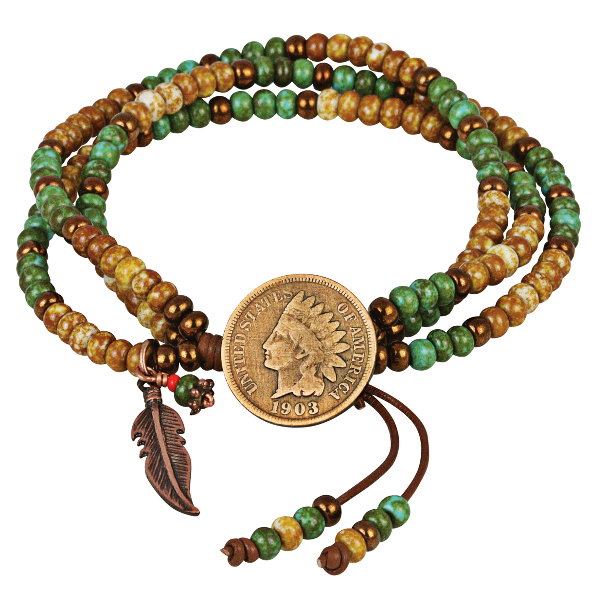 American UPM GLOBAL 15671 Indian Cent Coin Leather Multi Strand Czech Bead Bracelet