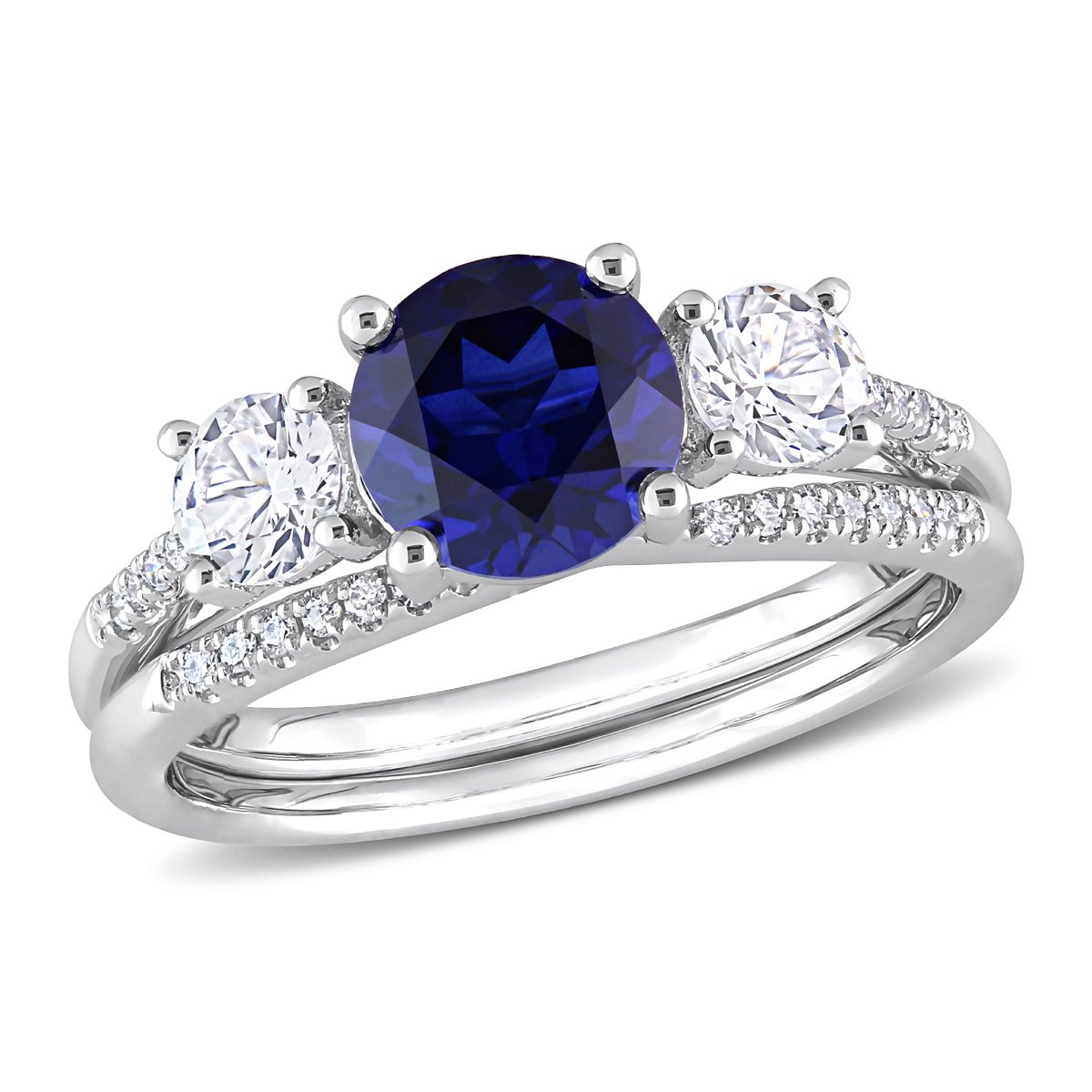 Gem And Harmony 1.60 Carat (ctw) Lab-Created Blue Sapphire Engagement Ring and Bridal Wedding Set with Diamonds 10K White Gold