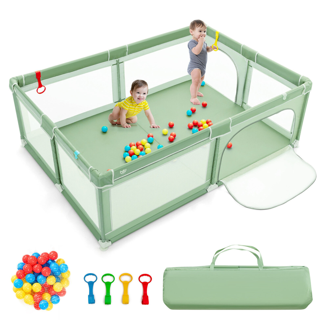 Gymax Baby Playpen Extra-Large Safety Baby Fence w/ Ocean Balls & Rings Green